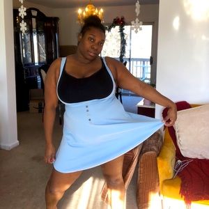 Fit and flare light blue button accent pinafore skirt